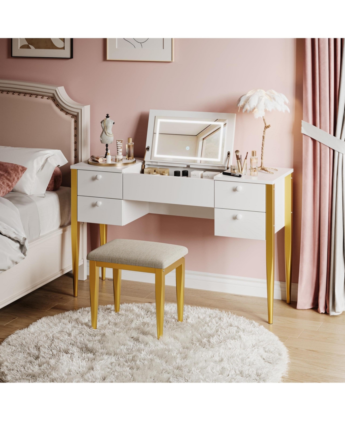 gaomon Makeup Vanity Desk with Flip Top Mirror and Lights, 47“ 3 in 1 Vanity Table with 5 Drawers, 3 Lighting Mode