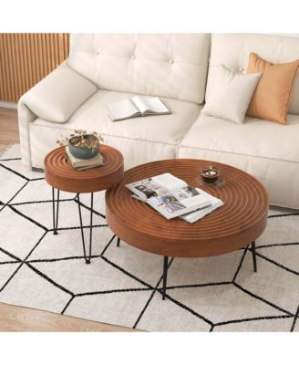Farmhouse Round CoffeeTable Set of 2 End Table Natural Finish for Living Room