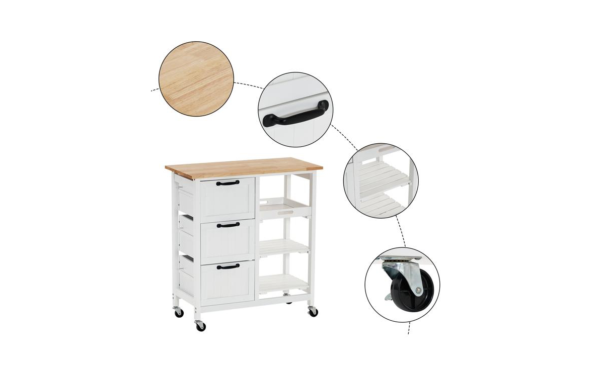 Slickblue 3-Layer Dining Cart with 3 Drawers and Handle Rubber Wood Tabletop