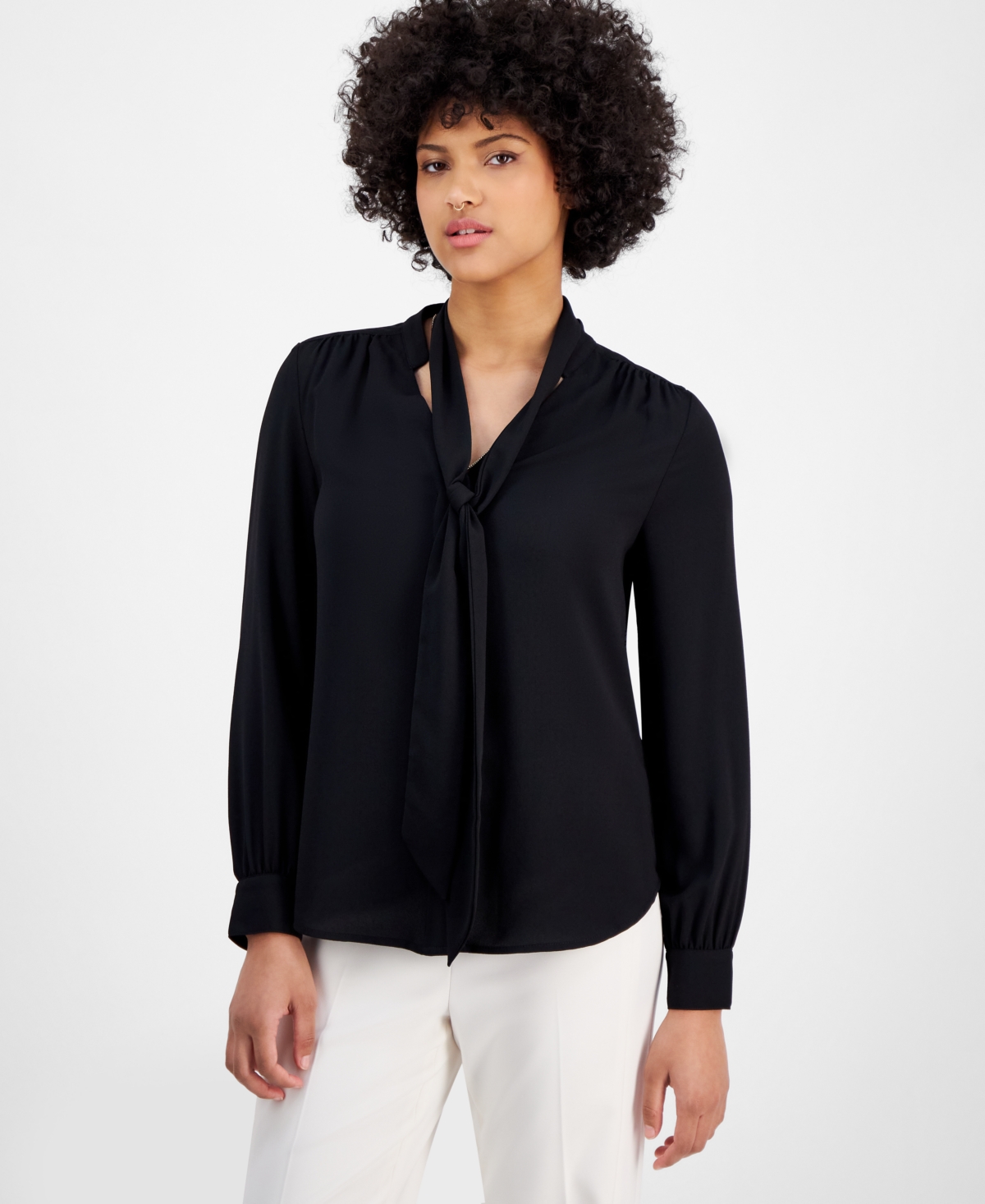 Bar Iii Women's Tie-neck Long-sleeve Blouse, Exclusively At Macy's In Black
