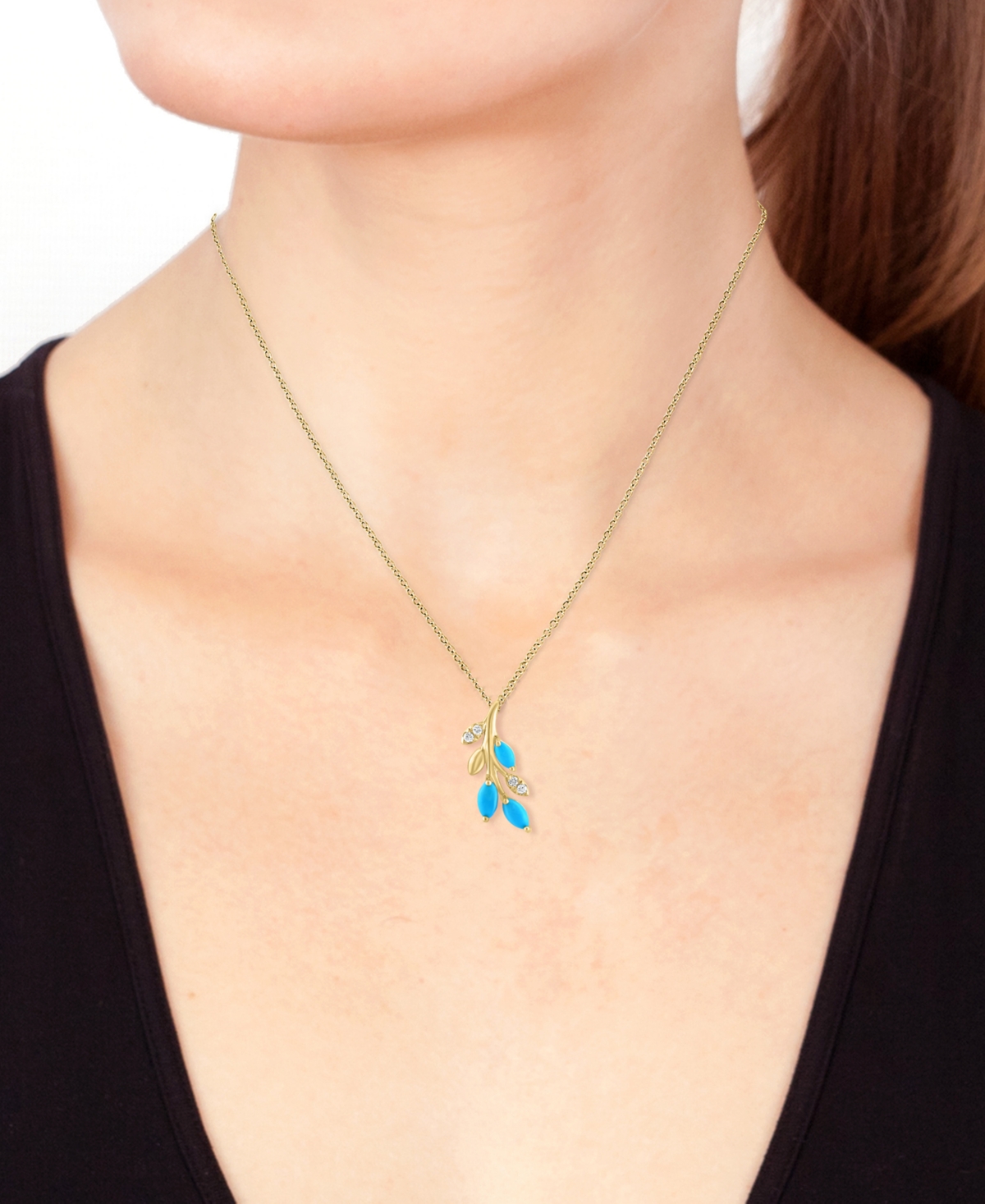 Effy Collection Effy Turquoise & Diamond (1/20 Ct. T.w) Branch 18" Pendant Necklace In 14k Yellow Gold In Turquoise