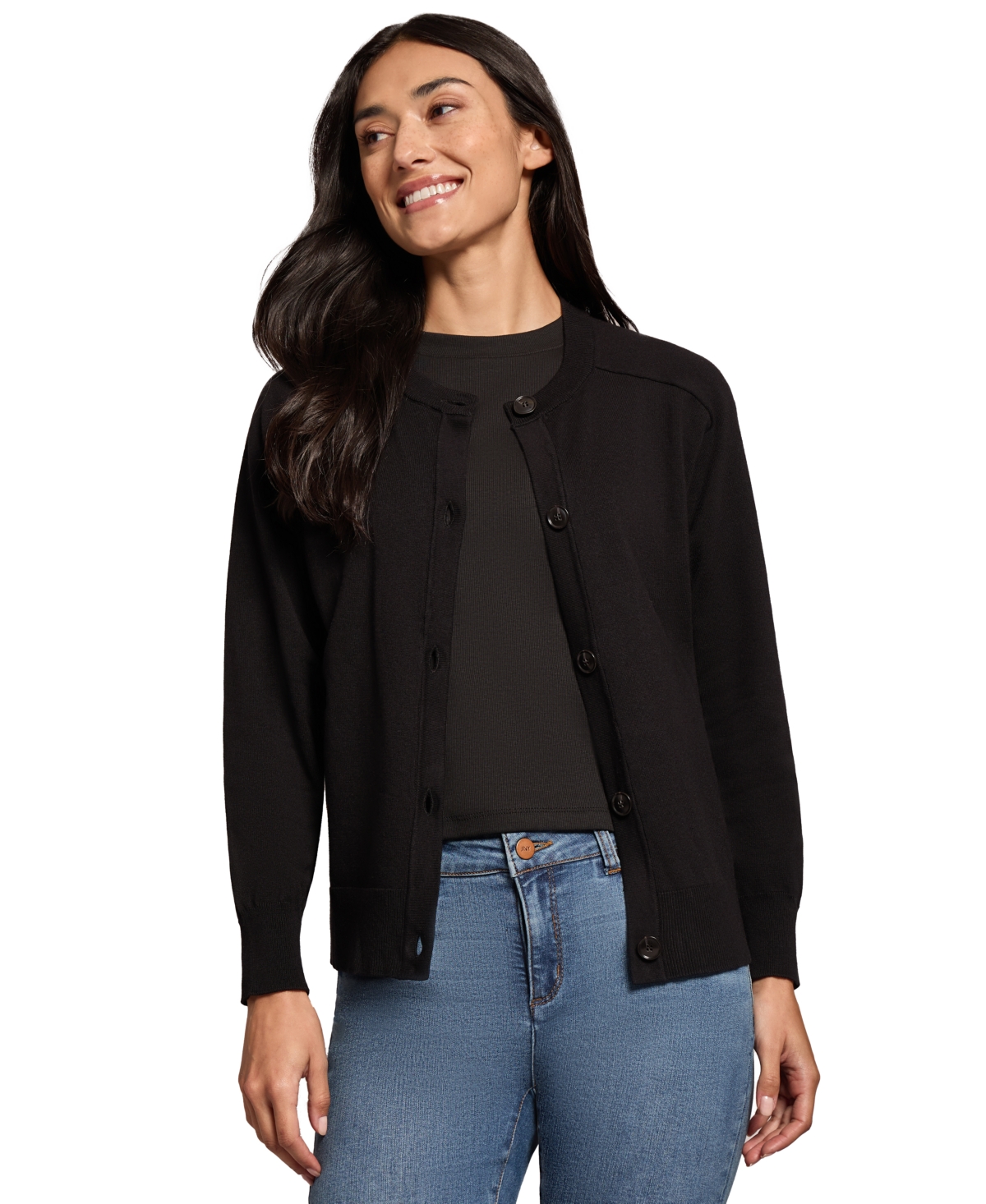 Jones New York Petite Saddle-shoulder Cardigan Sweater In Black