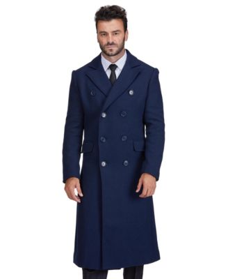 Men's Double-Breasted Knee Length Wool Blend Three Button Long Overcoat Top Coat