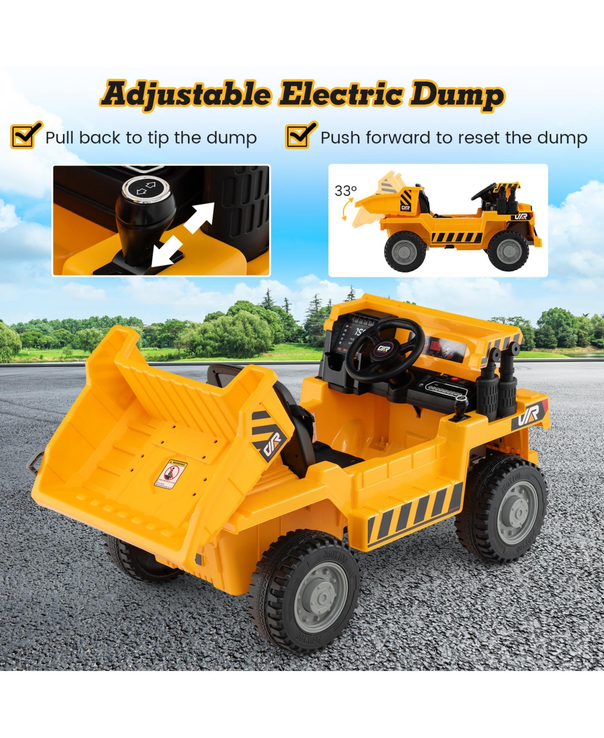Hongge Kids Ride on Dump Truck 12V Ride on Car with Electric Dump Bed- Yellow