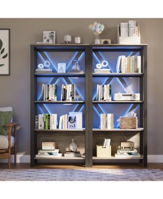 5 Tier Bookshelf with LED Lights, Bookcase with Open Display Shelves, Wood and Metal Standing Bookshelf