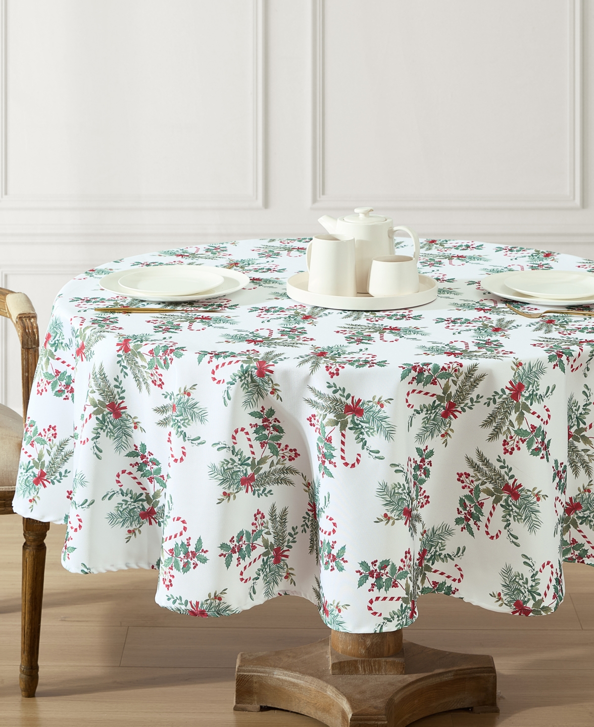 Laura Ashley Easy Care Holiday Tablecloth, 70" Round In Candy Cane