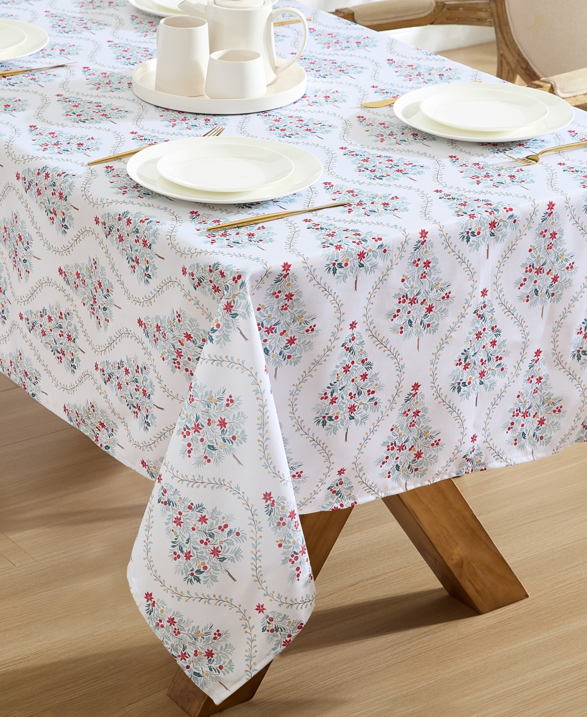 Laura Ashley Easy Care Holiday Tablecloth, 60" X 84" In Tree Trellis