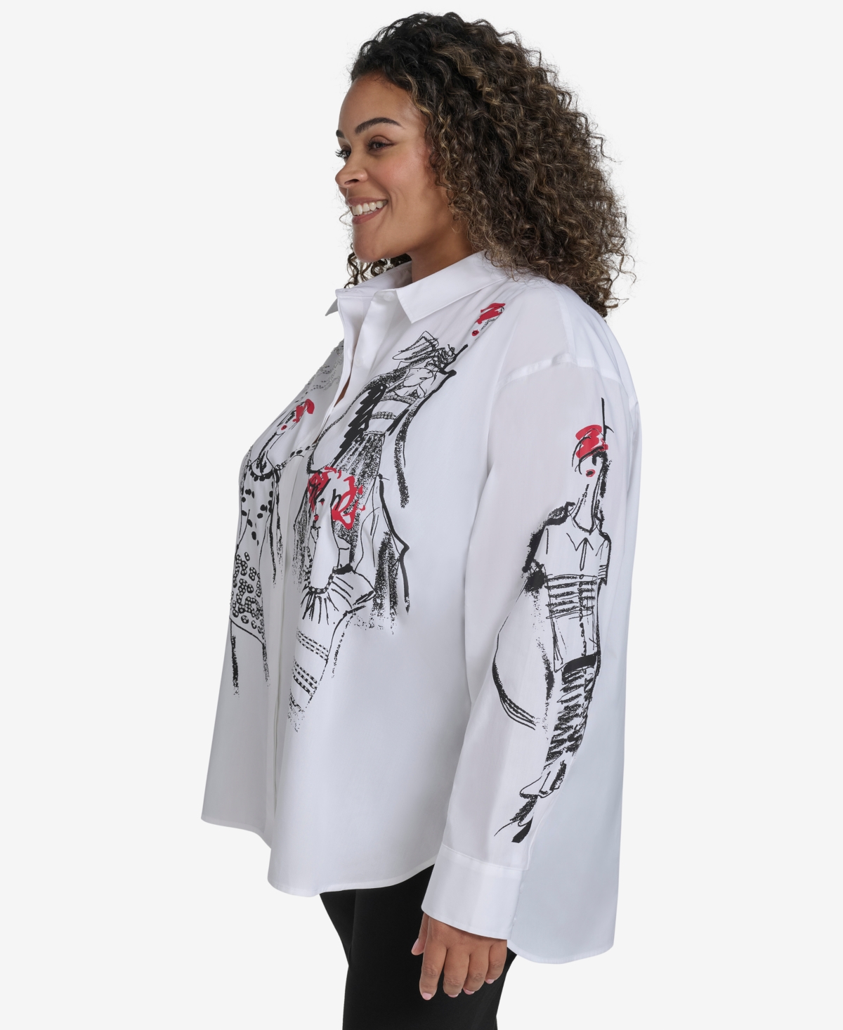 KARL LAGERFELD PLUS SIZE SKETCH GIRL EMBELLISHED PRINTED COTTON BUTTON-FRONT SHIRT, EXCLUSIVELY AT MACY'S 