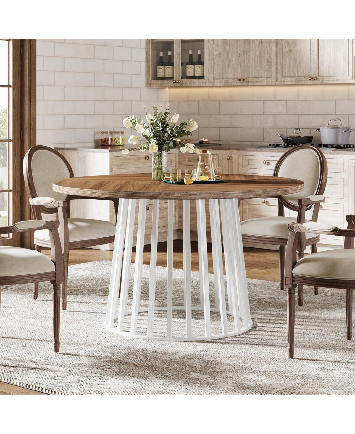 Tribesigns Round Dining Table for 4-6 People, Farmhouse Dinning Room Table Circle Kitchen Table with White Metal Base, Industrial Dinner Table for