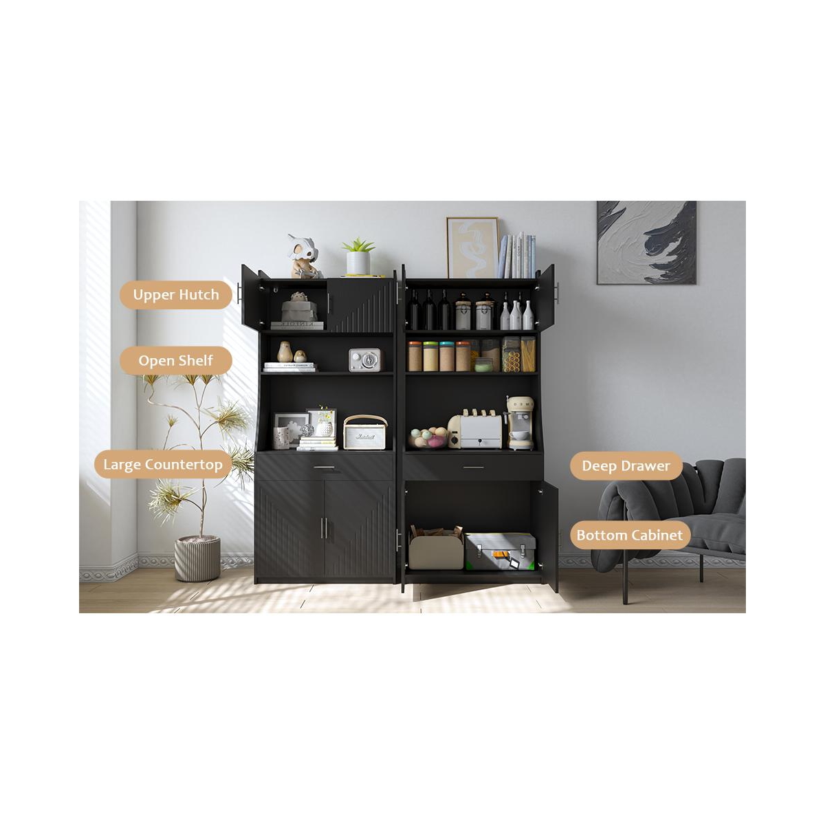 Slickblue Kitchen Storage Cabinet with Charging Station, 2 Outlets, Usb & Type-c Ports, Pantry with 2 Cabinets, Large Drawer & Countertop