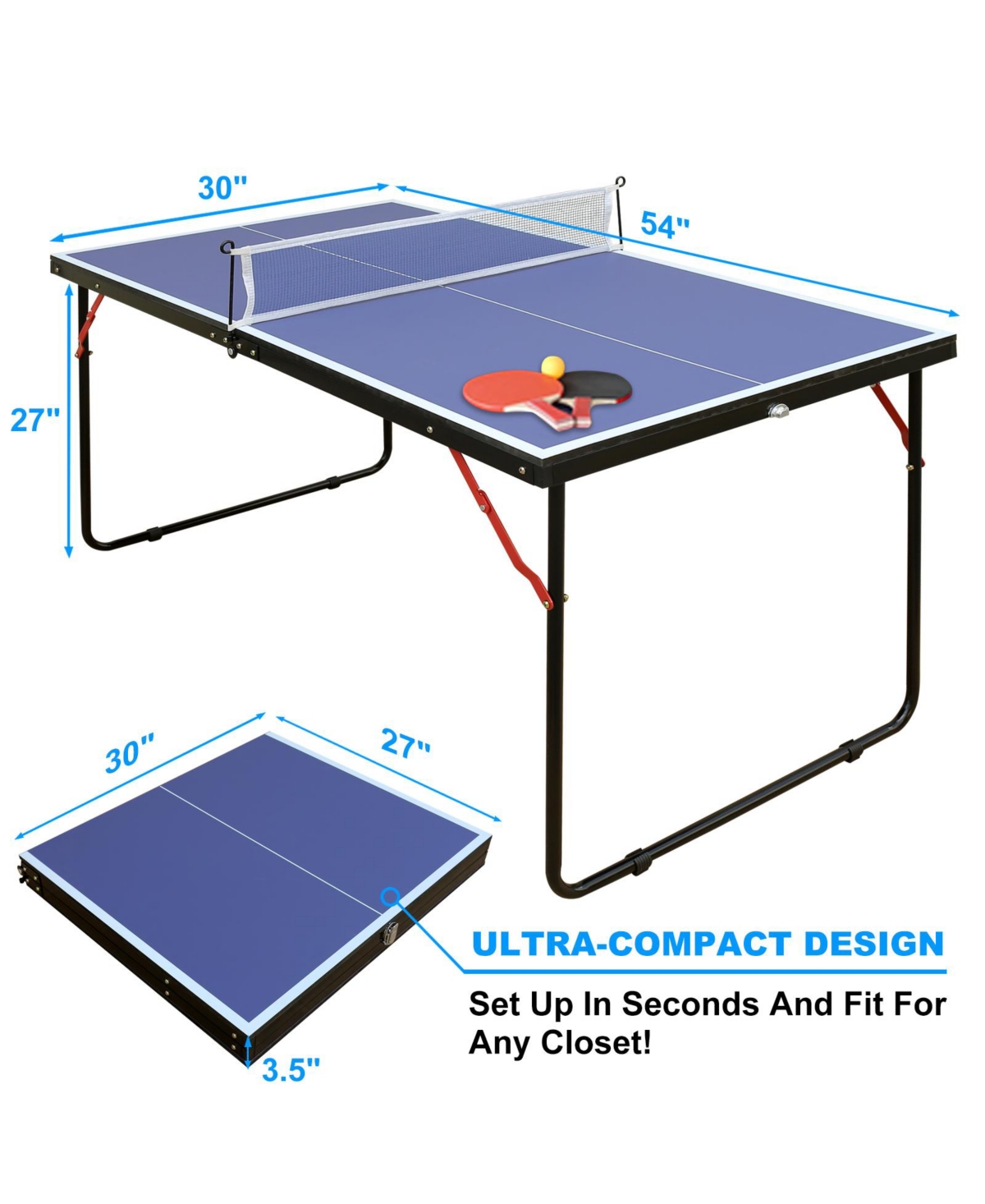 Slickblue Foldable & Portable Table Tennis Table Set –Ping Pong Table with Net & 2 Paddles for Indoor/Outdoor Games - Blue