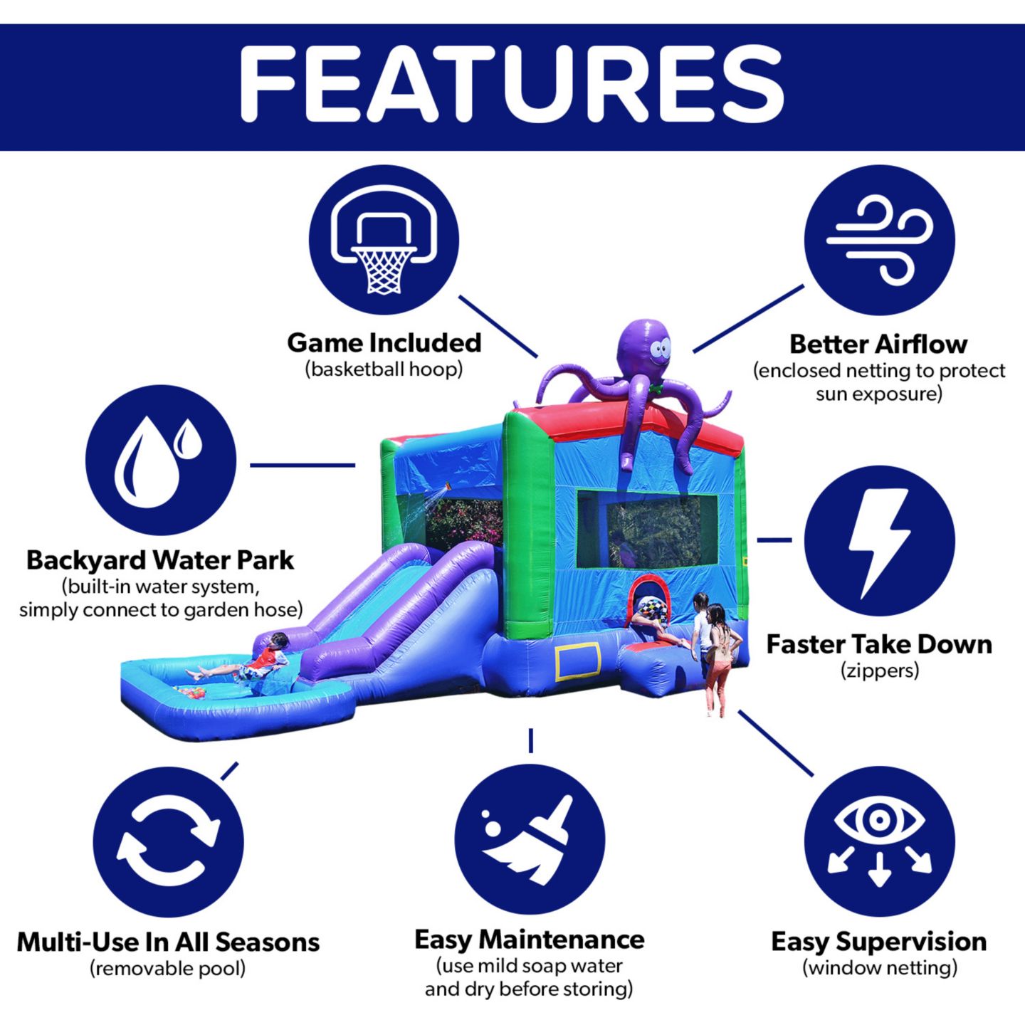 Детская игрушка HERO Kiddo Octopus 13' W x 25' L x 15' H Water Slide, Splash Pool & Basketball Hoop Bounce House, 700 lbs, Ages 3+, цвет: Зелёный — фото 7