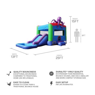 HeroKiddo Octopus Commercial Grade Bounce House Water Slide with Splash Pool for Kids and Adults (with Blower), Wet Dry Combo, Basketball Hoop, Outdoor Indoor, Big Inflatable, Birthday Party Rental