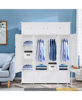 20-Cube Stackable Plastic Organizer Shelves, Multifunctional Modular Closet Cabinet with Hanging Rod in White