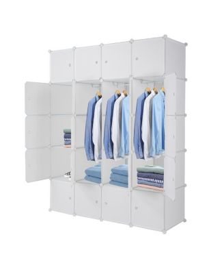 20-Cube Stackable Plastic Organizer Shelves, Multifunctional Modular Closet Cabinet with Hanging Rod in White