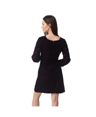 Women's Wine Velvet Dress with Hand Embroidery