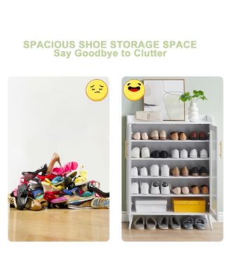 40" Wood & Metal 5-Tier Shoe Cabinet with Glass Doors & Adjustable Shelves for Entryway Storage