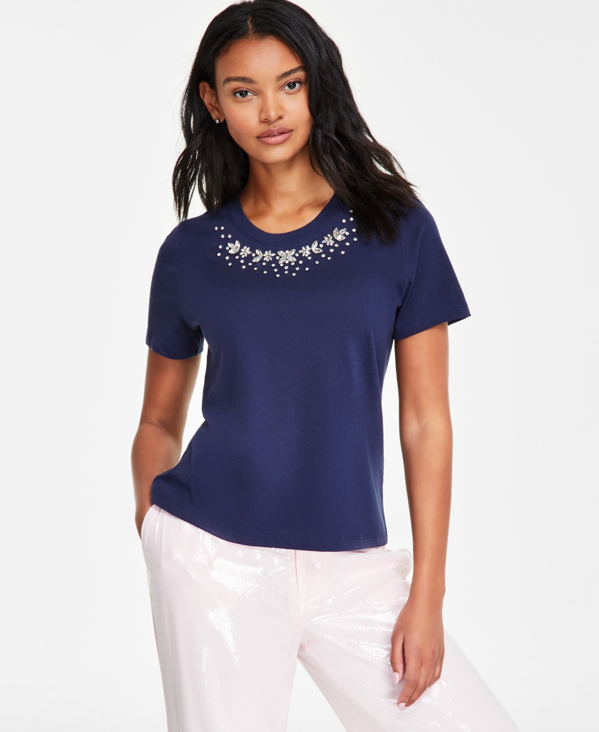Women's Embellished-Neck T-Shirt, Created for Macy's - Pink Dogwo