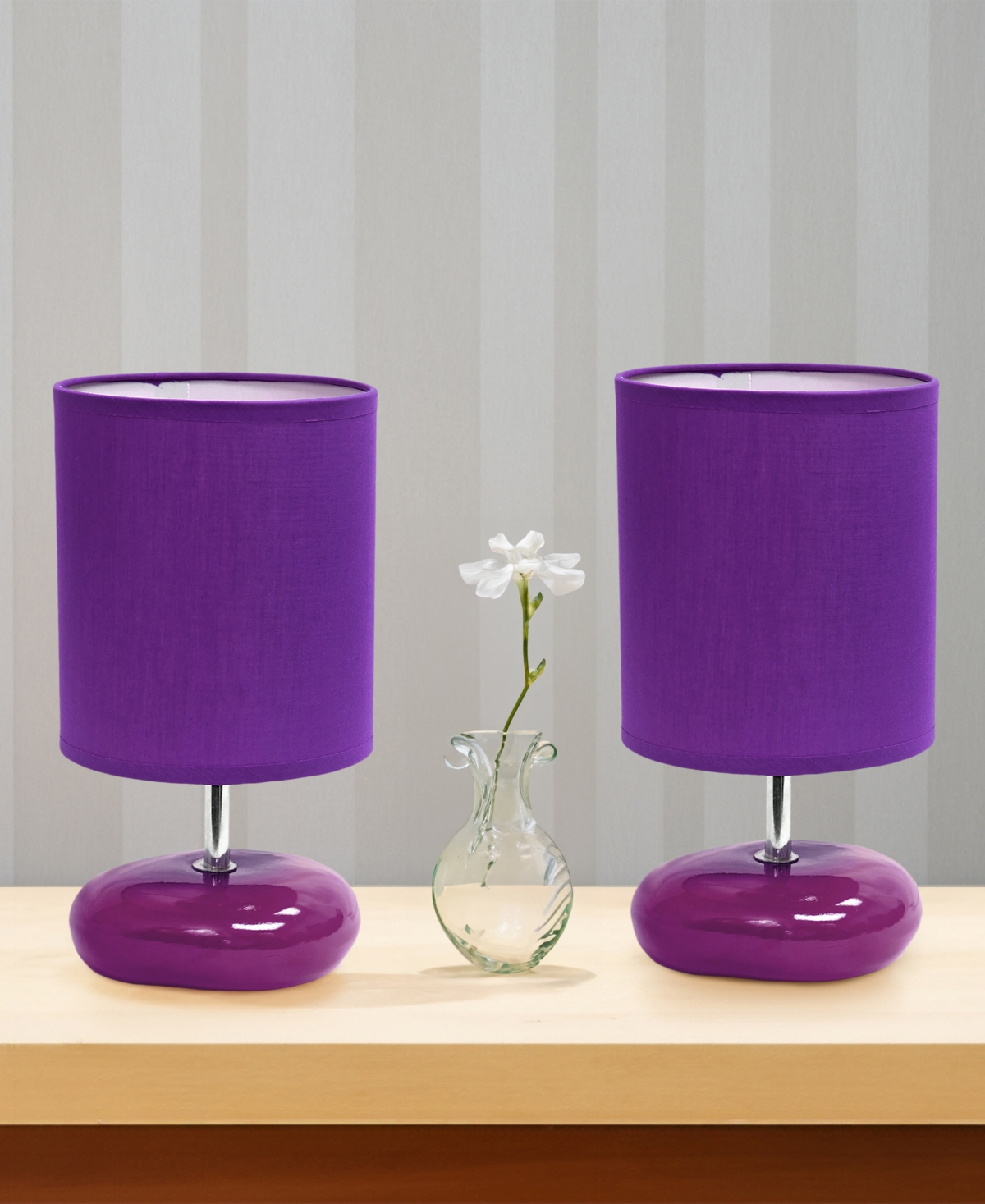 Creekwood Home 10.24" Traditional Mini Round Rock Table Lamp 2 Pack Set In Purple