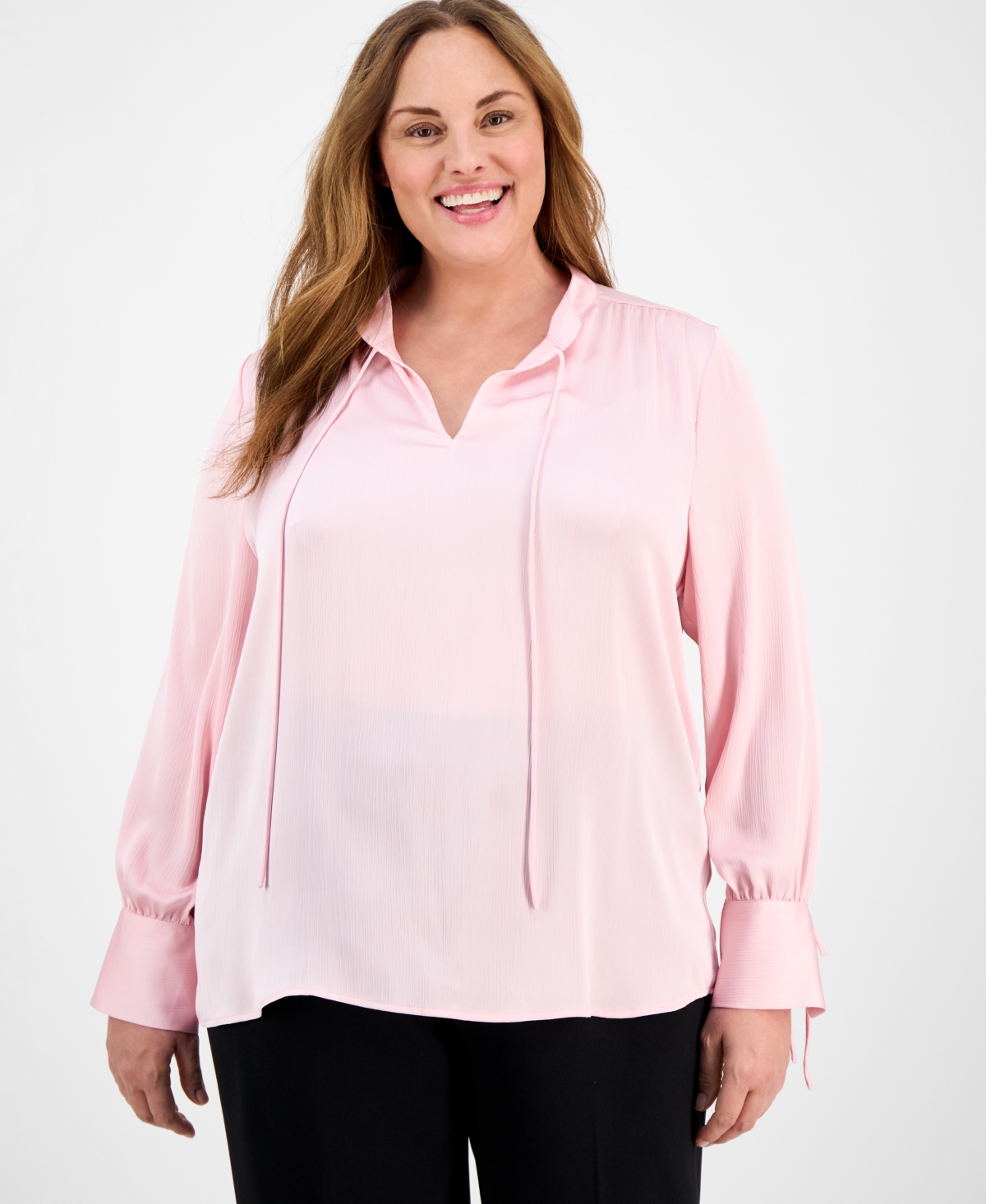 Anne Klein Plus Size Tie-neck Stand-collar Blouse In Peony Pink