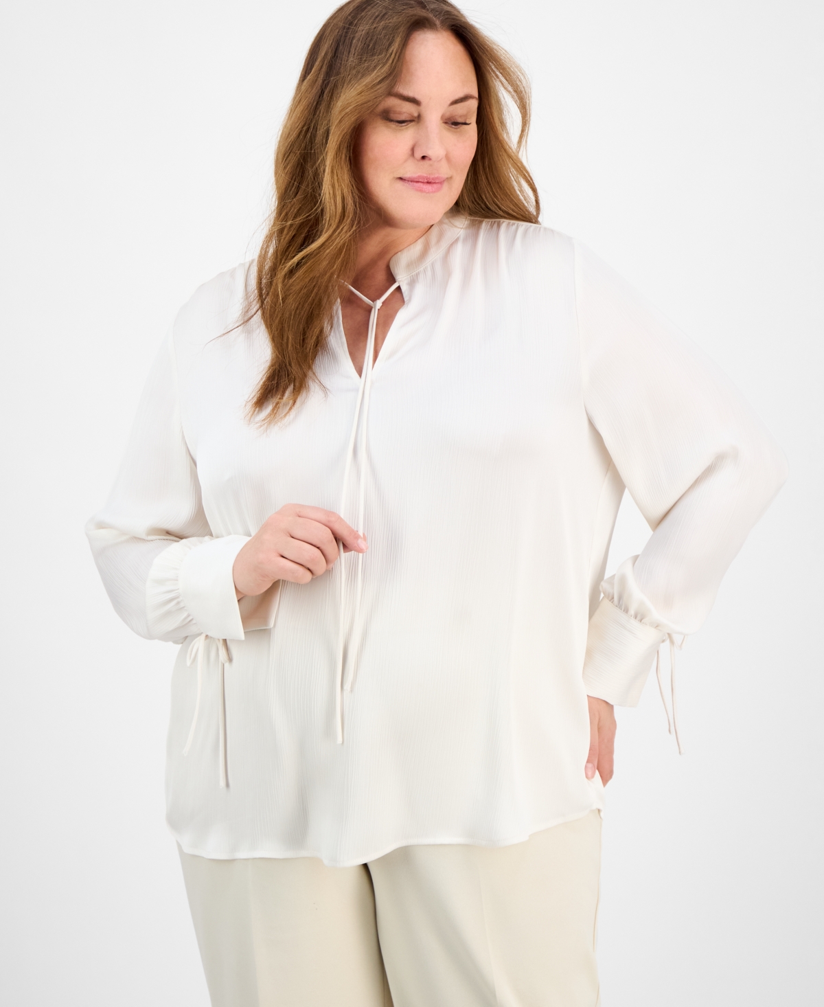 ANNE KLEIN PLUS SIZE TIE-NECK STAND-COLLAR BLOUSE 