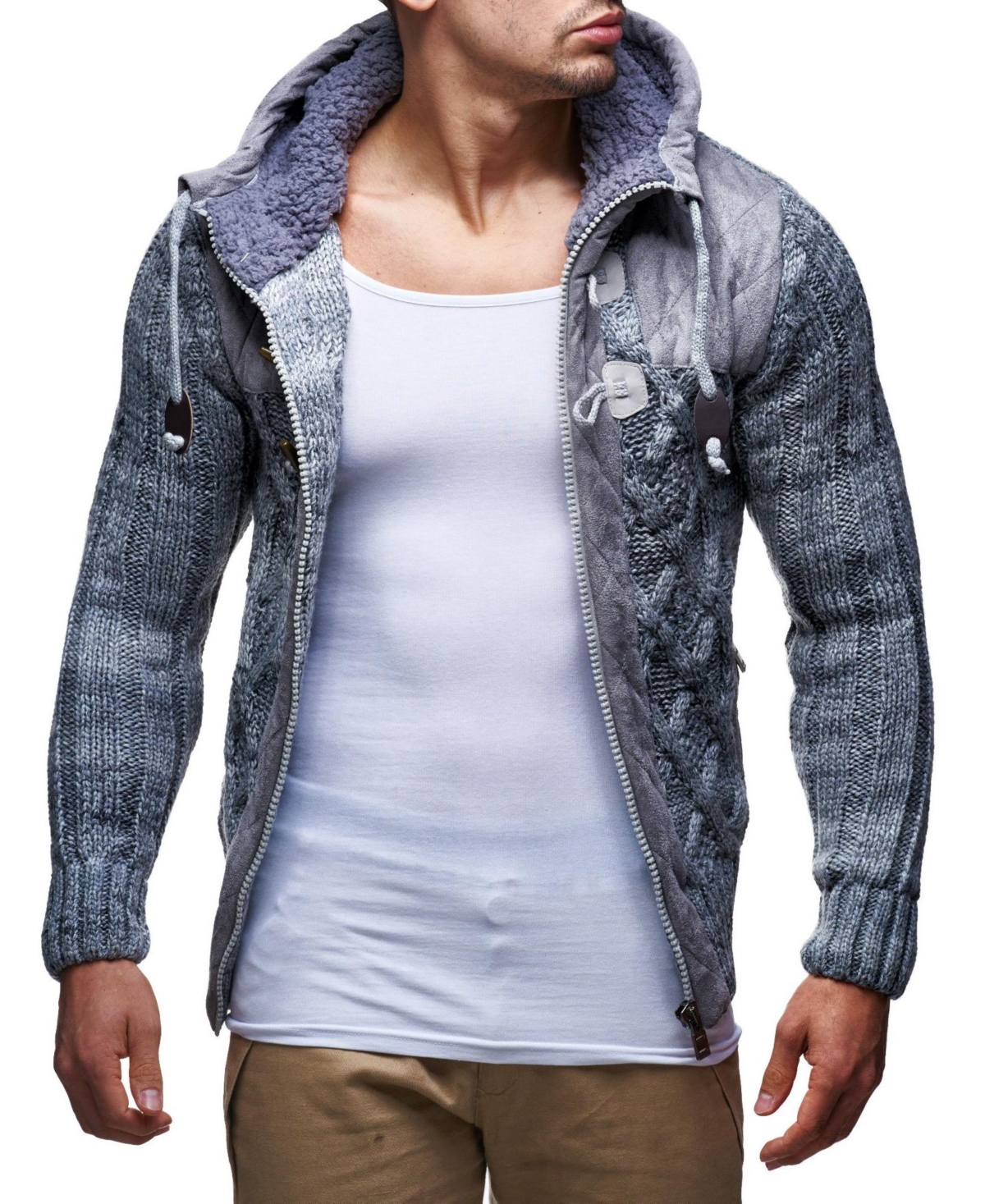 Leif Nelson Men's Knit Zip-up Jacket With Geometric Patterns and Leather Accents