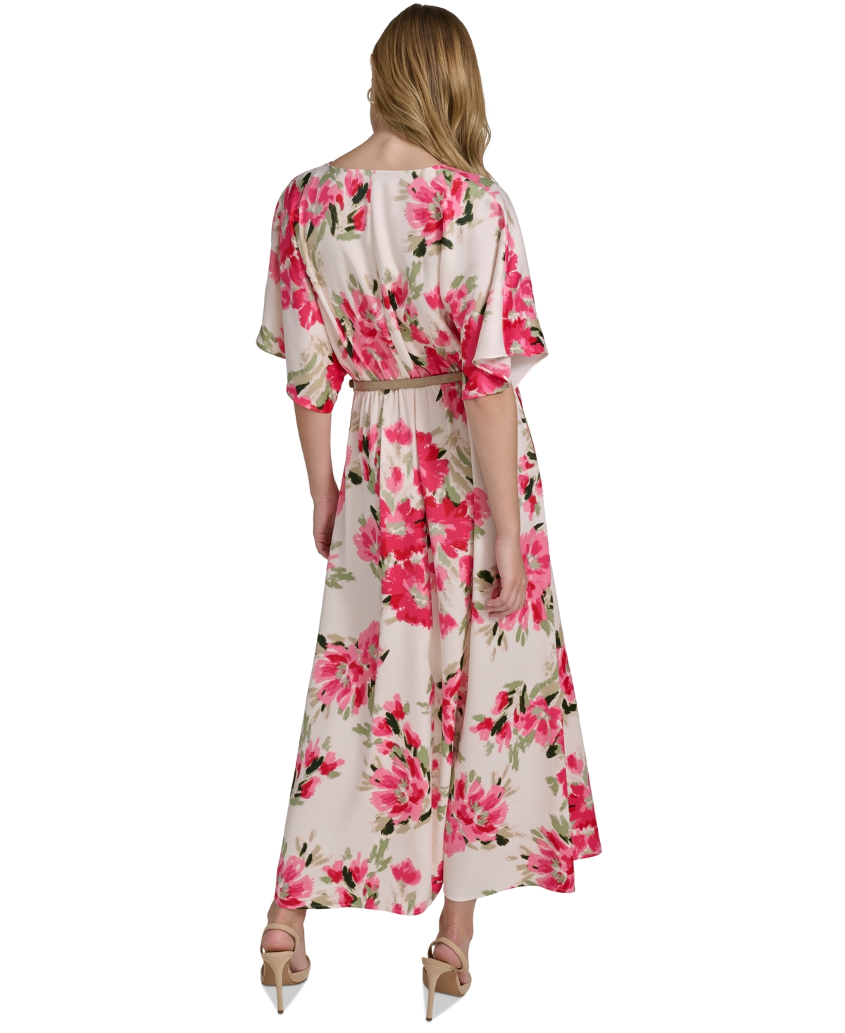 Halston Women's Satin Floral-Print Belted Dress