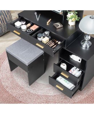 Triamine Veneer Dressing Table Set with Mirror Cabinet 4 Drawers, 1 Storage Cabinet, 2 Shelves, and LED Three-Tone Light for a Modern Vanity Setup