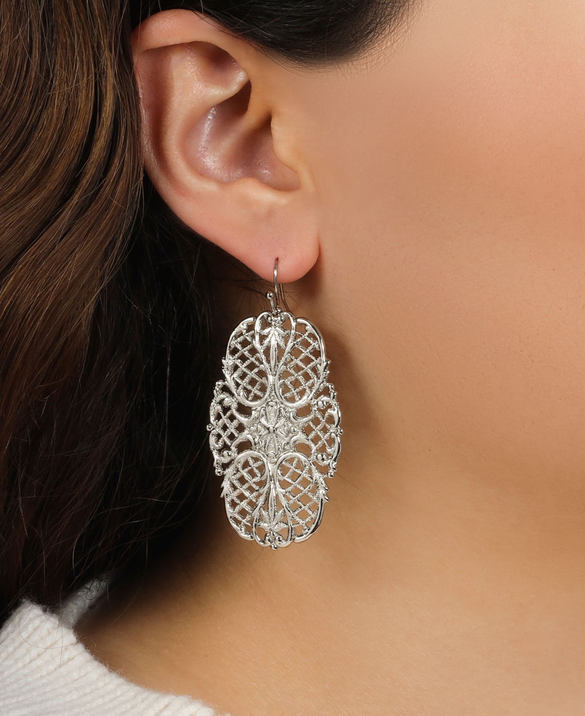 2028 Large Filigree Decorative Fishhook Earrings In Gray