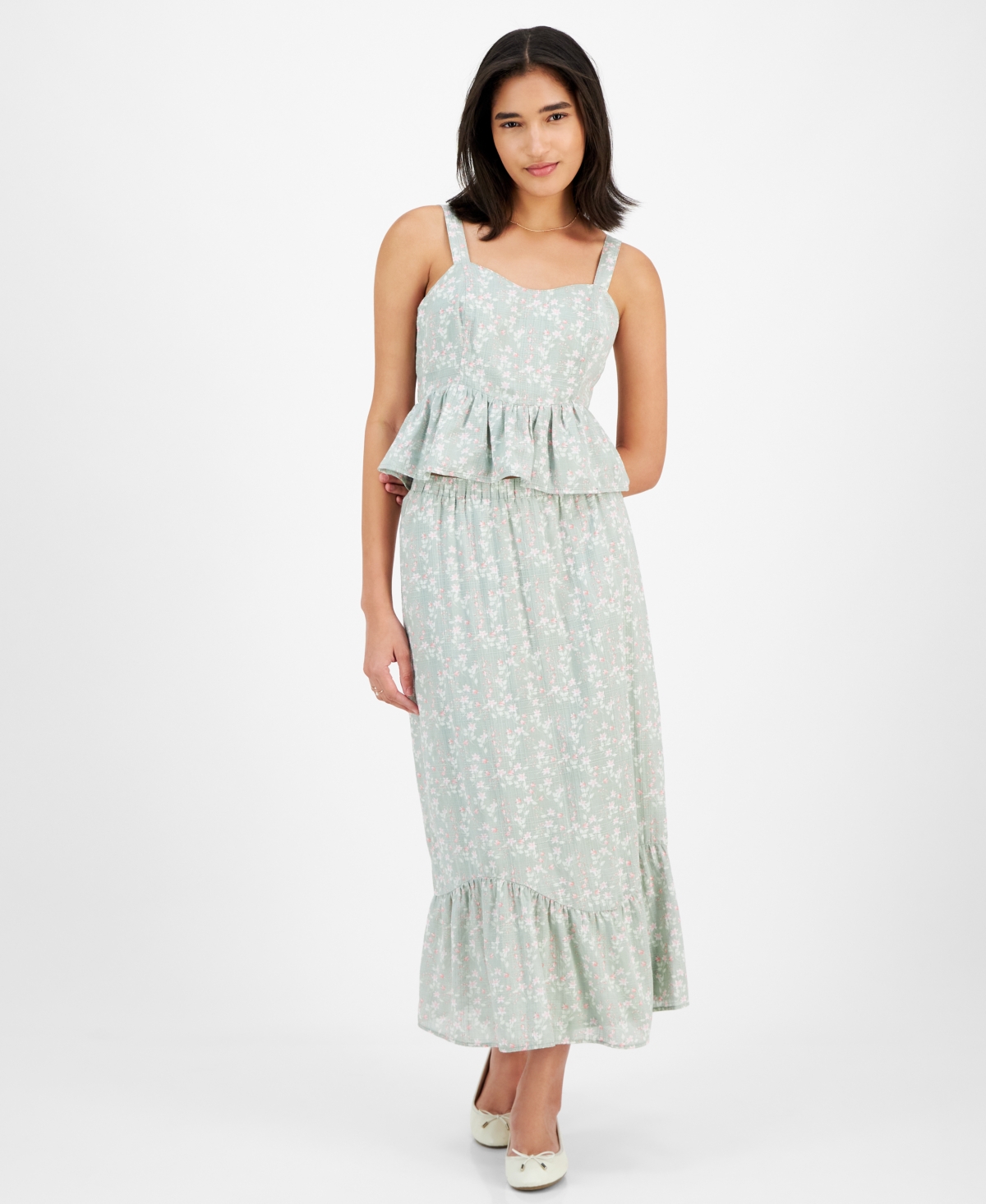 Juniors' Floral Flounce-Hem Maxi Skirt - Aqua Grey Ditsy
