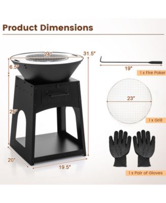 Patio Fire Pit with Firewood Log Rack with Grill and Ash Box