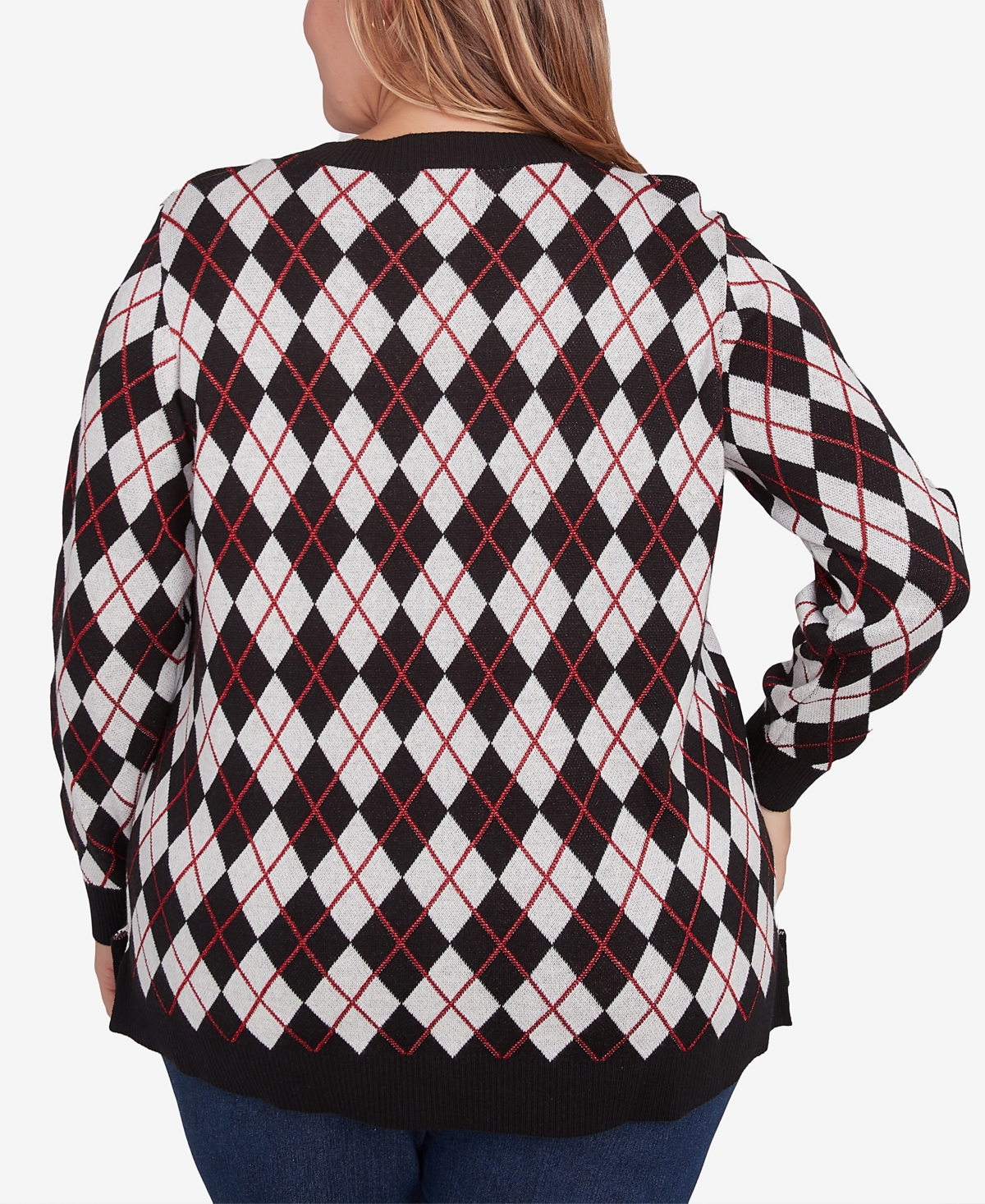 Hearts Of Palm Plus Size Red-y To Shine Argyle Sweater In Black Multi
