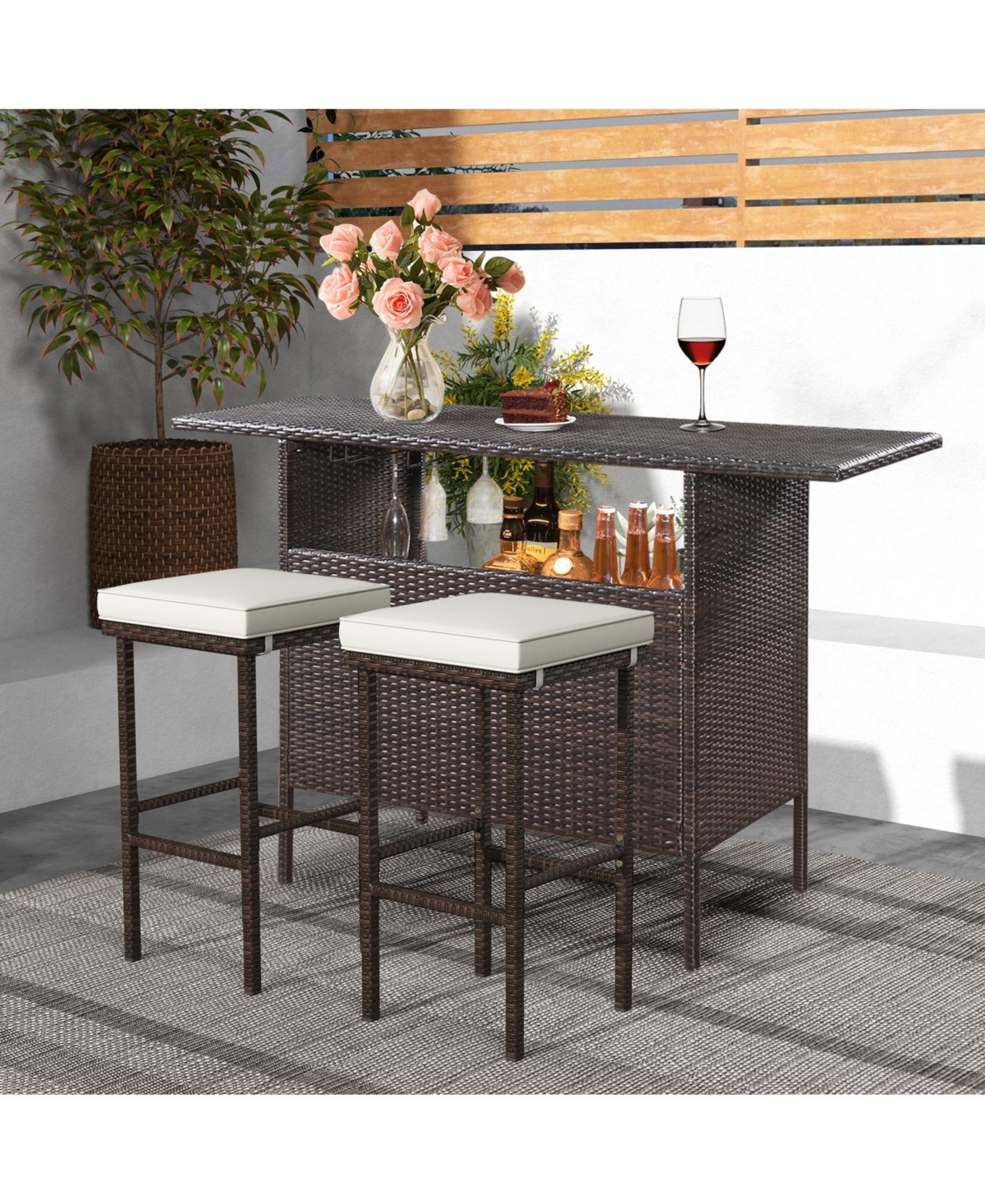 Skonyon Patio Wicker Bar Stools Set of 2 with Seat Cushions and Footrest