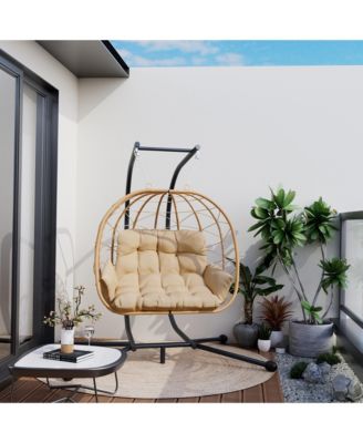 Outdoor 2-Person Hanging Wicker Double Egg Porch Swing Chair with Stand and Beige Cushion