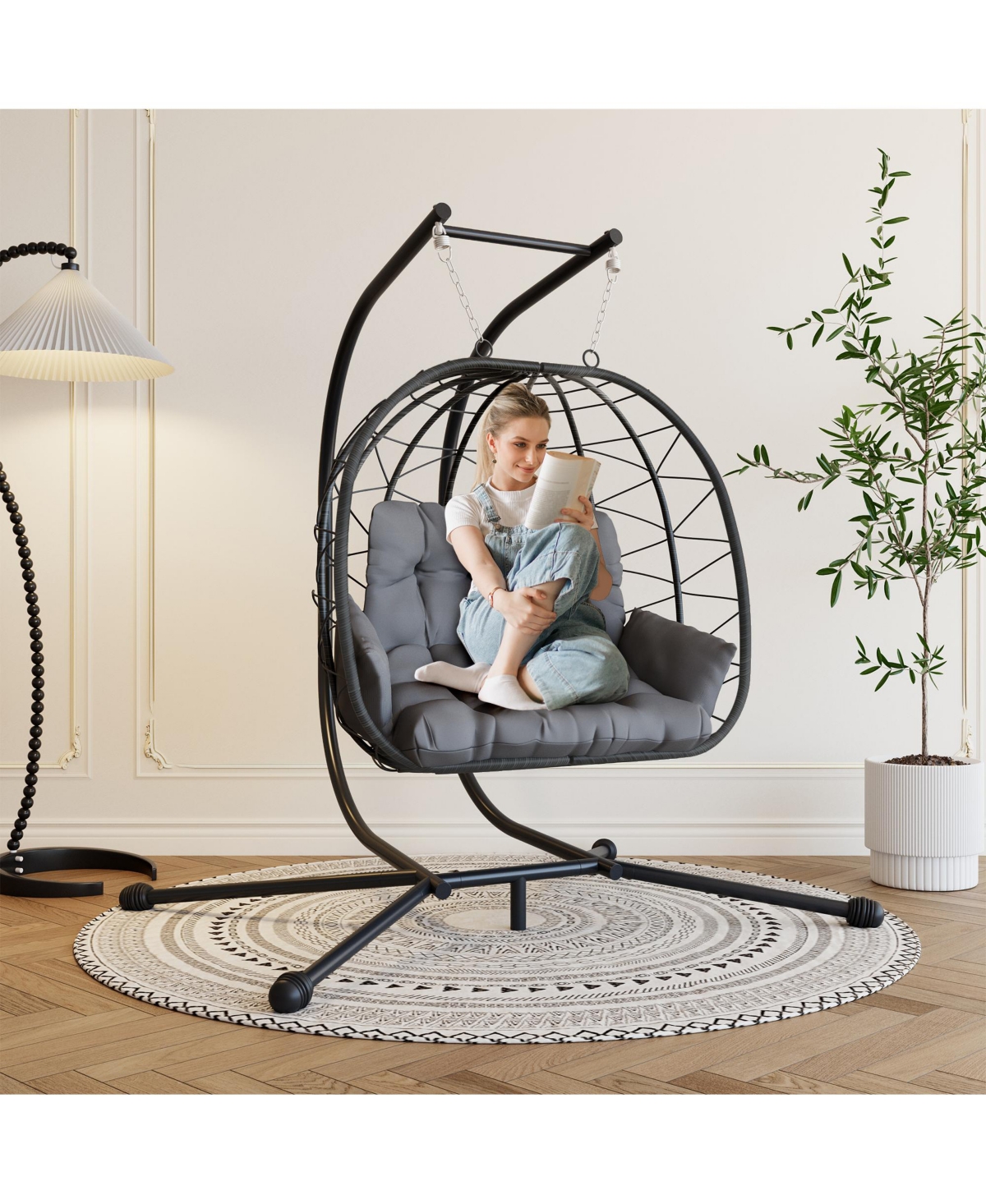 Pamapic Outdoor 2-Person Hanging Wicker Double Egg Porch Swing Chair with Stand and Beige Cushion