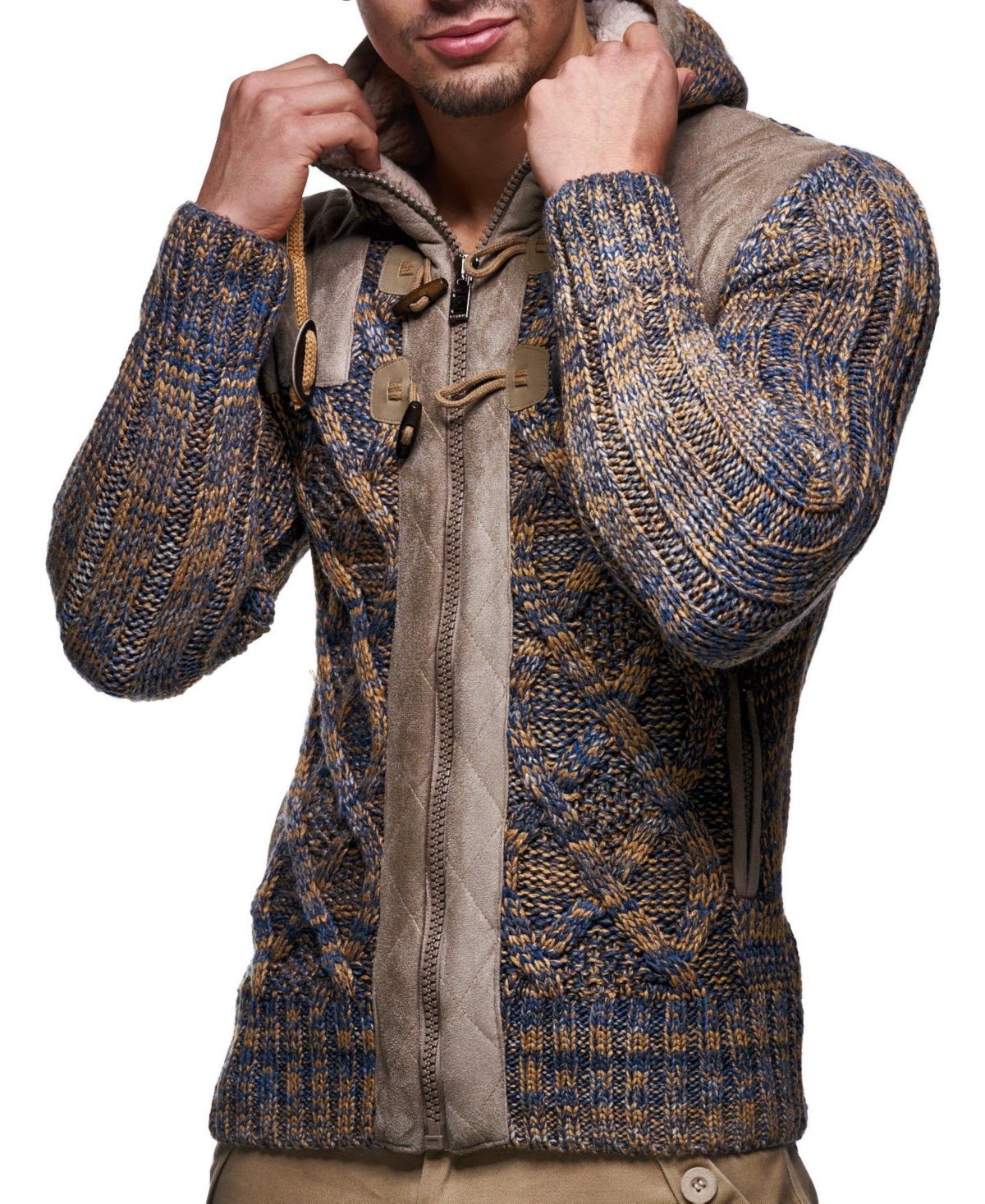 Leif Nelson Men's Knit Zip-up Jacket With Geometric Patterns and Leather Accents
