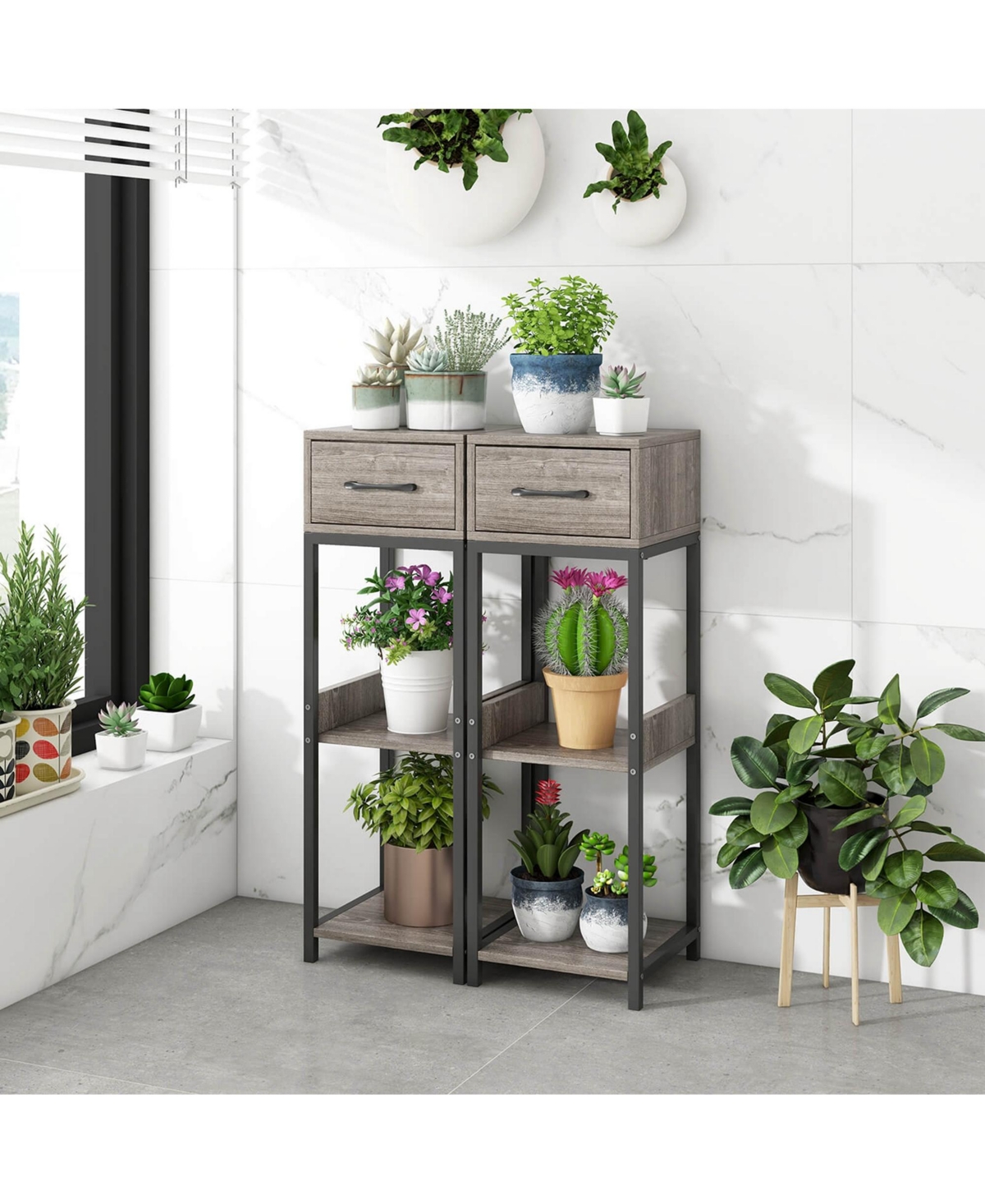 Costway 1 Pack 3 Tier Indoor Tall Plant Stand with Drawer Anti-tipping Devices Display Shelf