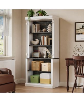 Tall Storage Bookcase with 5-Tier Open Shelves, Roman Column Design and 4 Adjustable Lights