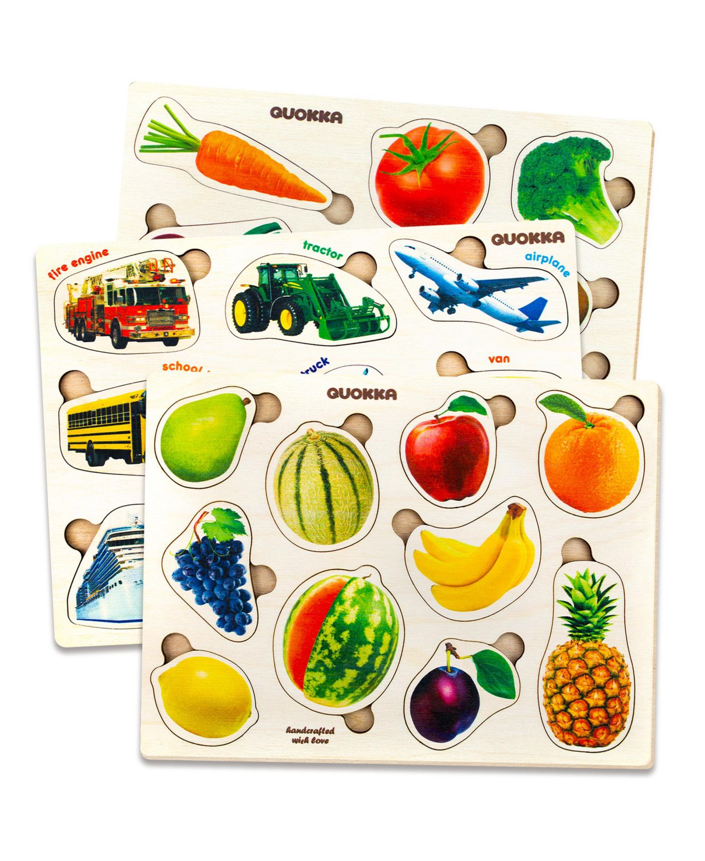 Детские игрушки Quokka Montessori Toy Wooden Puzzles, 3-Piece Set, Ages 1+, цвет: Fruits, Cars And Vegetables — фото 1