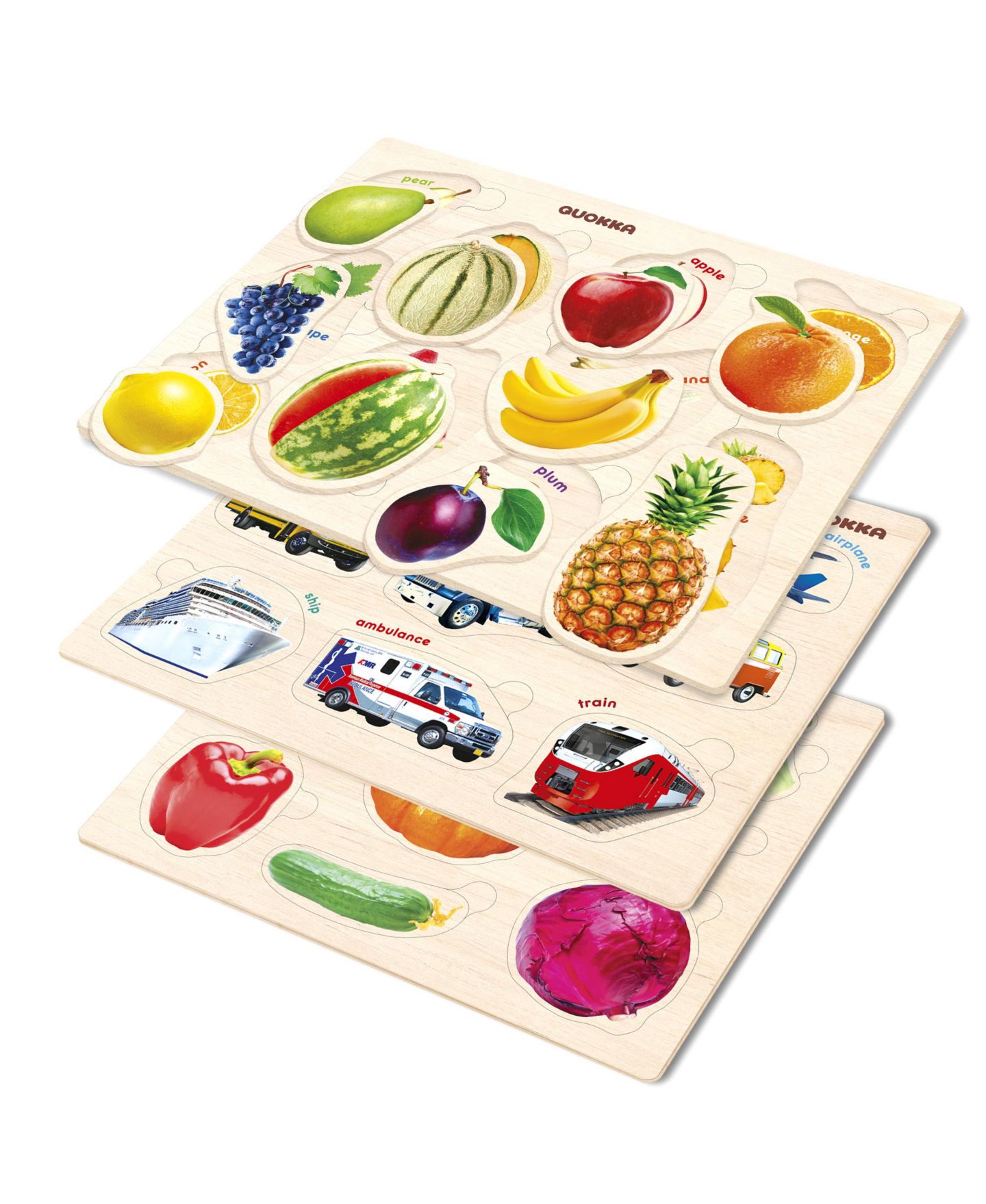 Детские игрушки Quokka Montessori Toy Wooden Puzzles, 3-Piece Set, Ages 1+, цвет: Fruits, Cars And Vegetables — фото 7