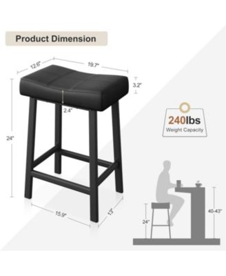 Set of 2 Ergonomic 24" Counter Height Bar Stools with Curved PU Leather Seat, Metal Frame, Integrated Footrest, Supports 240 lbs
