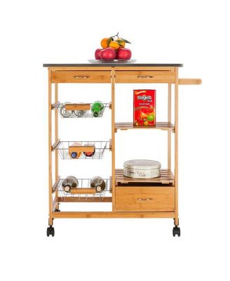 Moveable Kitchen Cart with Stainless Steel Table Top, Three Drawers, and Three Baskets in Burlywood for Versatile Storage and Convenience