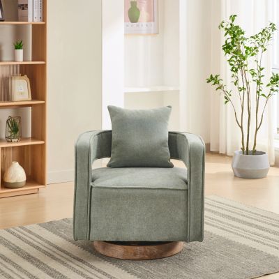 Streamdale 1 Pc. Pale Green Linen Blend Upholstered Foam Cushioned Weathered Wood Base 360° Swivel Accent Chair