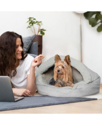 Pet Cave Bed, Calming Hooded Dog Bed with Pouch for Small Dogs and Cats, Herringbone Canvas Fleece Deep Dish