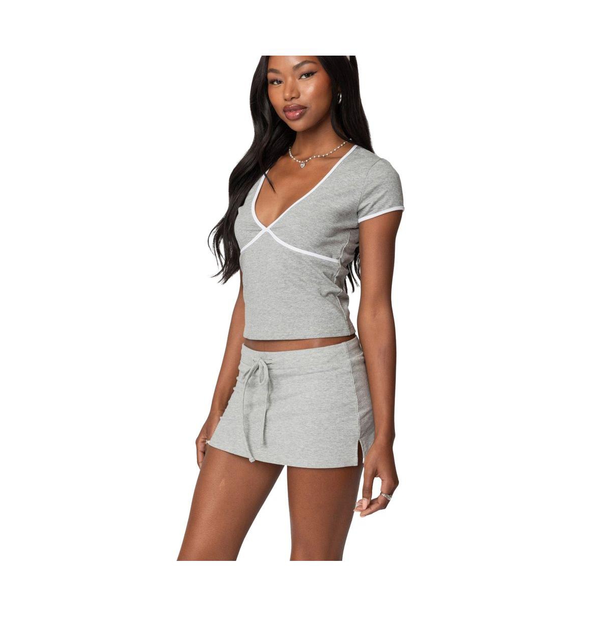 Edikted Women's Alicia Contrast V Neck Top - Gray-melange