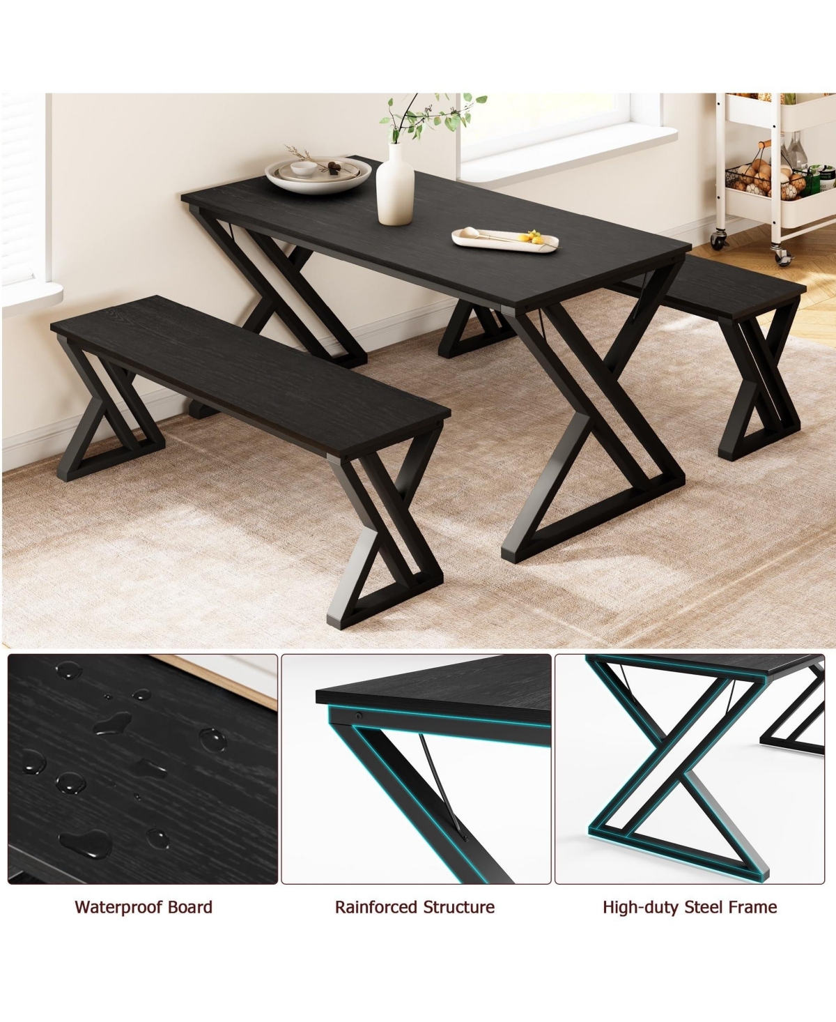 gaomon 45” Dining Table with Benches, Kitchen Table Set for 4-6, Rectangular Dining Room Table Set with Sturdy Metal Frame