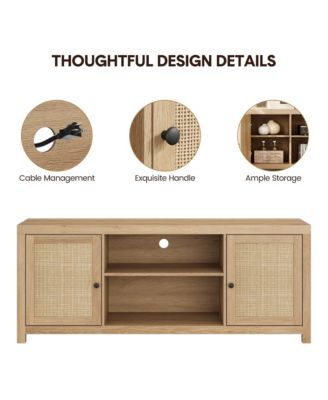 TV Stand for 75 Inch TV, Rattan Entertainment Center with Storage, Wood TV & Media Console