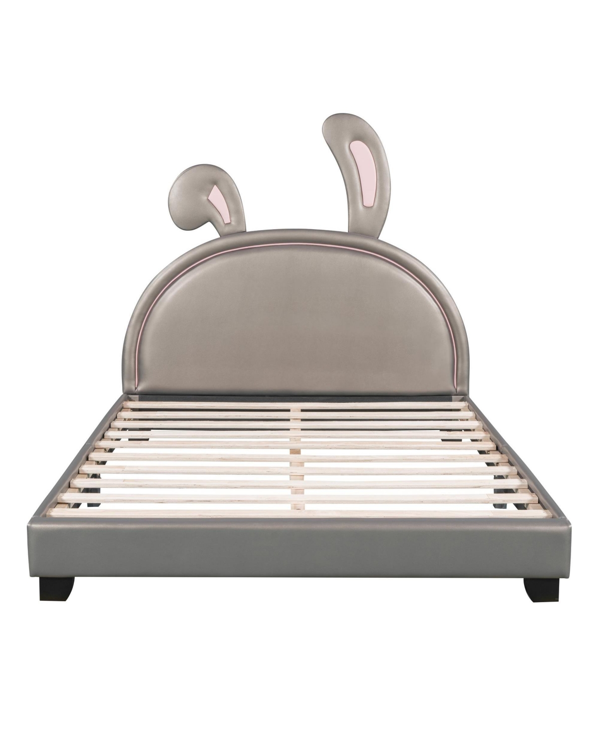 Slickblue Upholstered Leather Platform Bed with Rabbit Ornament for Stylish and Whimsical Bedroom Decor