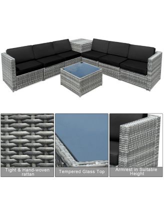 8 Piece Wicker Sofa Rattan Dinning Set Patio Furniture with Storage Table-Black