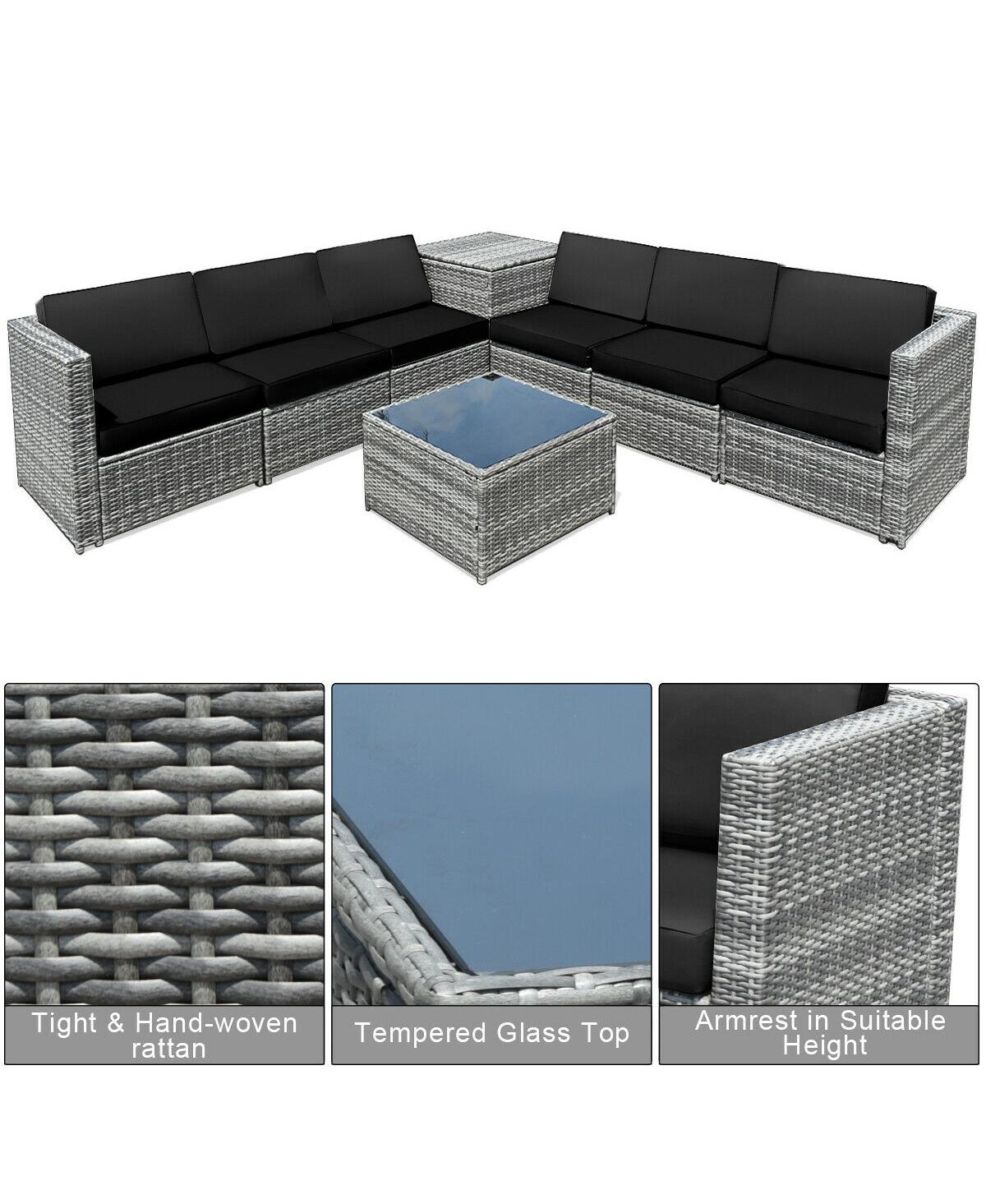 Sugift 8 Piece Wicker Sofa Rattan Dinning Set Patio Furniture with Storage Table-Black